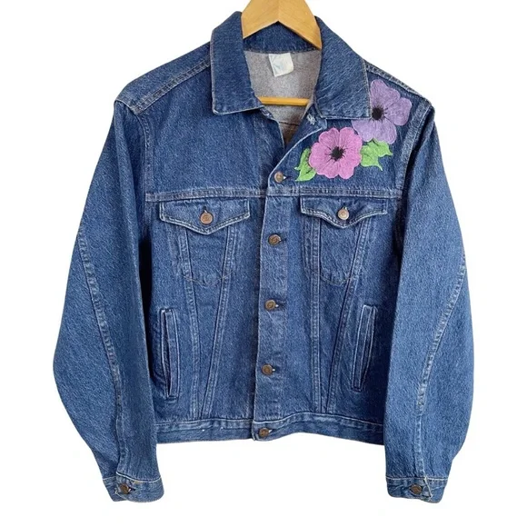 Y2K Vintage  Denim Trucker Jacket S Blue Hand Painted USA - Picture 10 of 10